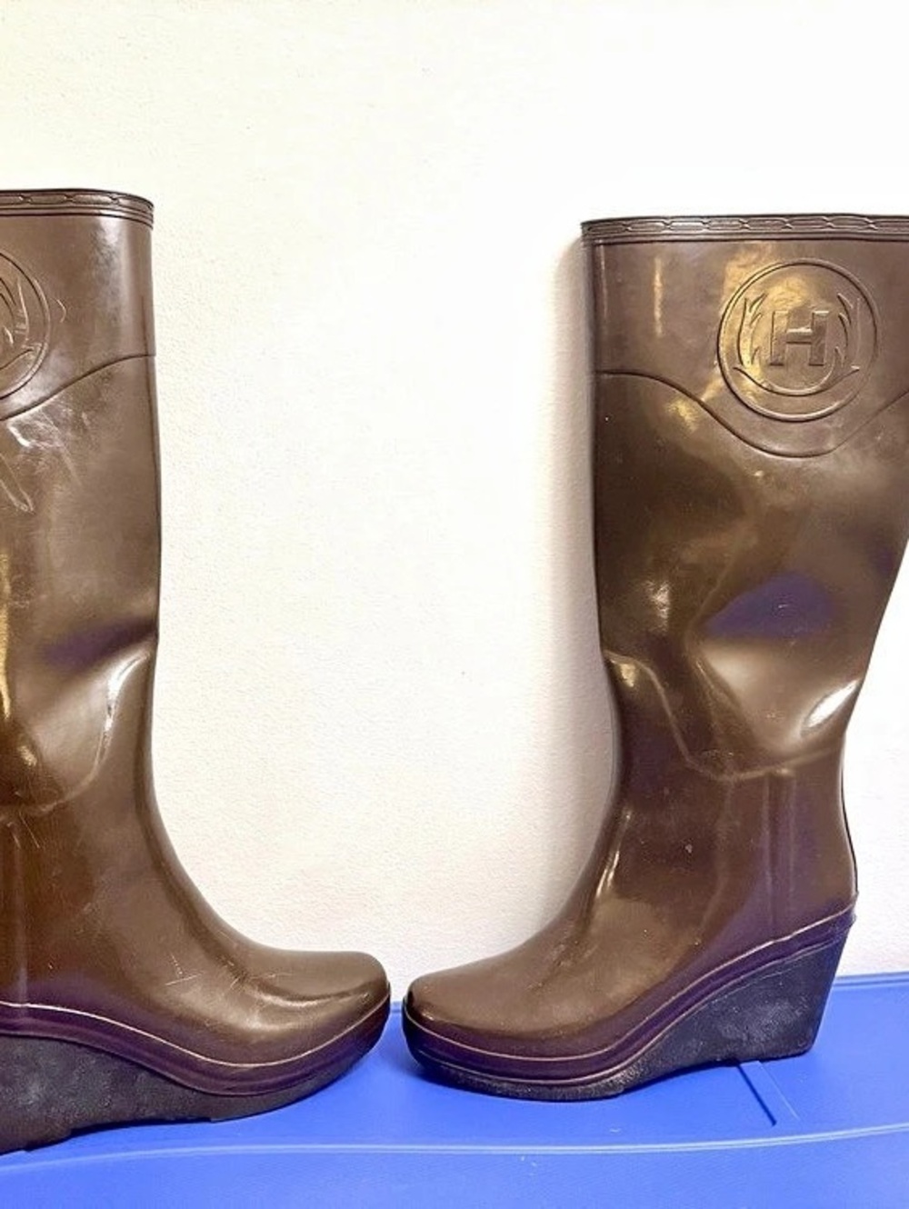 Hunter Original Refined Mid Wedge Tall Gloss Rain Boots Brown EU 37 - Picture 2 of 11